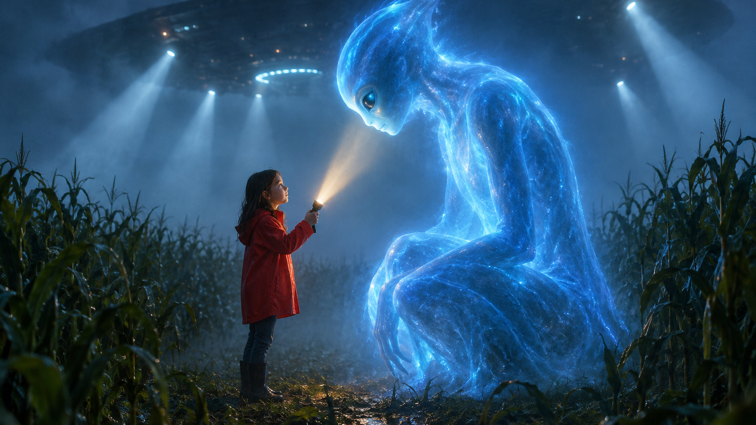 The start picture: a girl in a red raincoat holds up a flashlight to a kneeling alien made of blue light, in a misty cornfield at night under a ship
