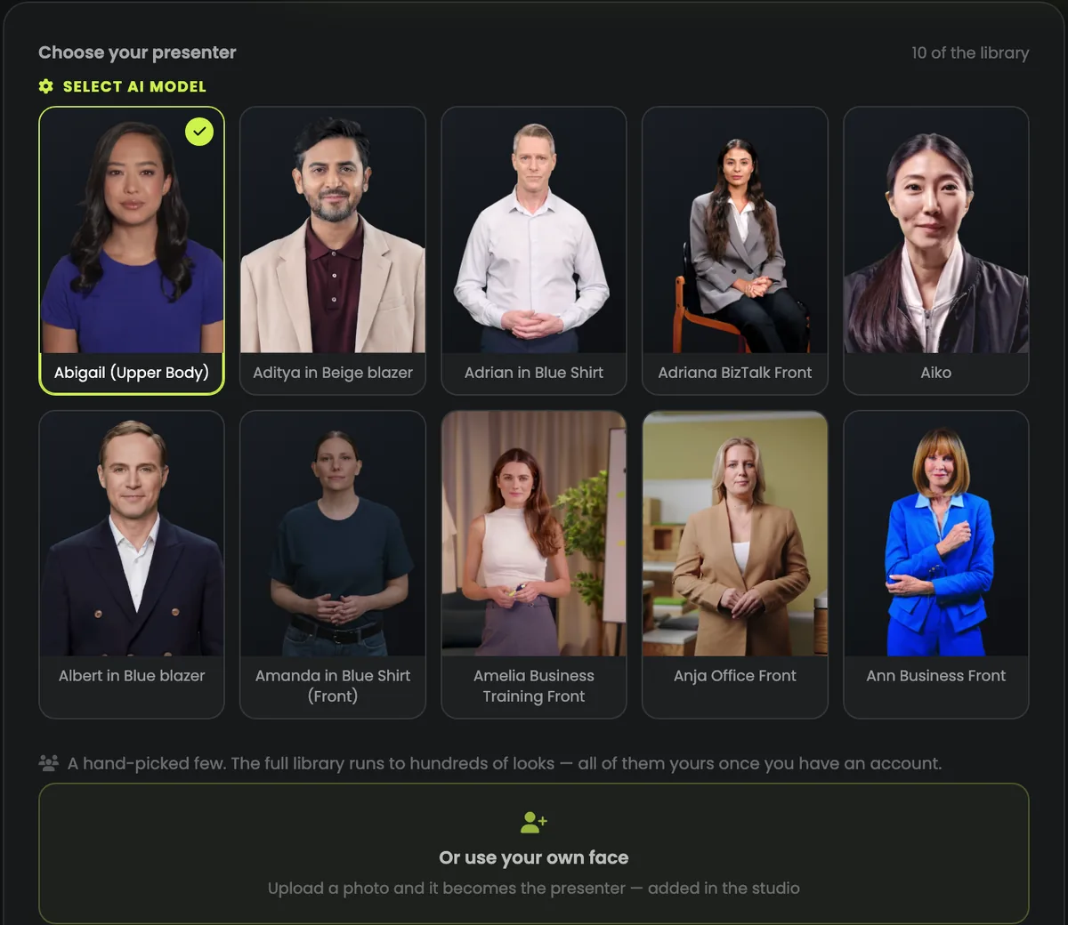 Choosing a presenter: ten faces from the library, and Or use your own face