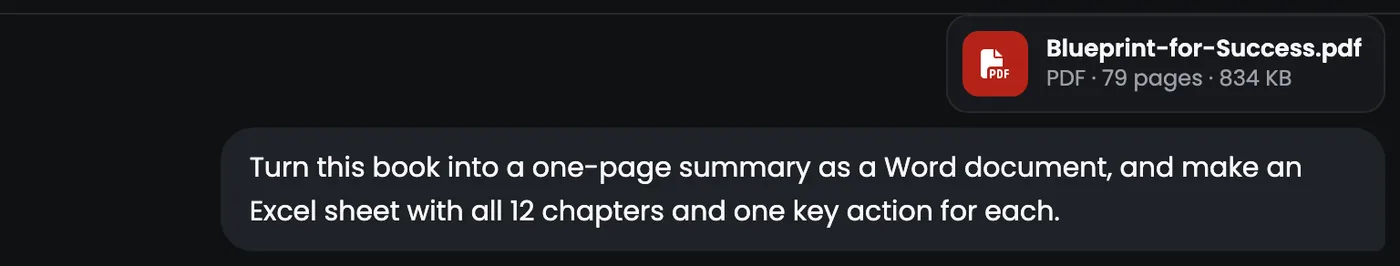 A message with a 79-page PDF attached, asking for a Word summary and an Excel sheet