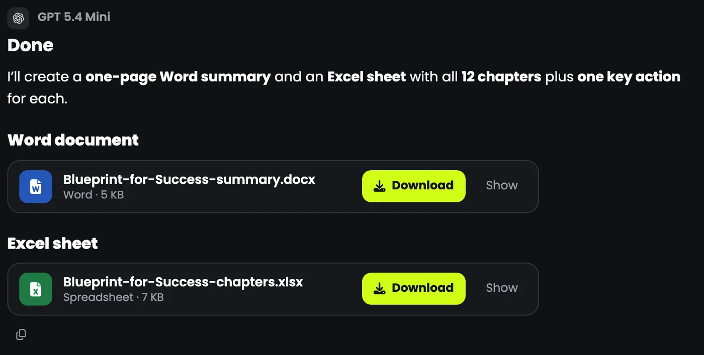 A reply with a Word document and an Excel sheet, each with a Download button