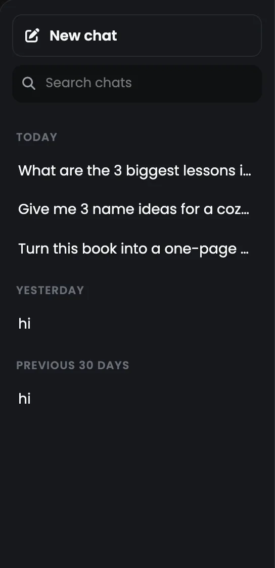 The chat list: New chat, the search box and the chats grouped by date