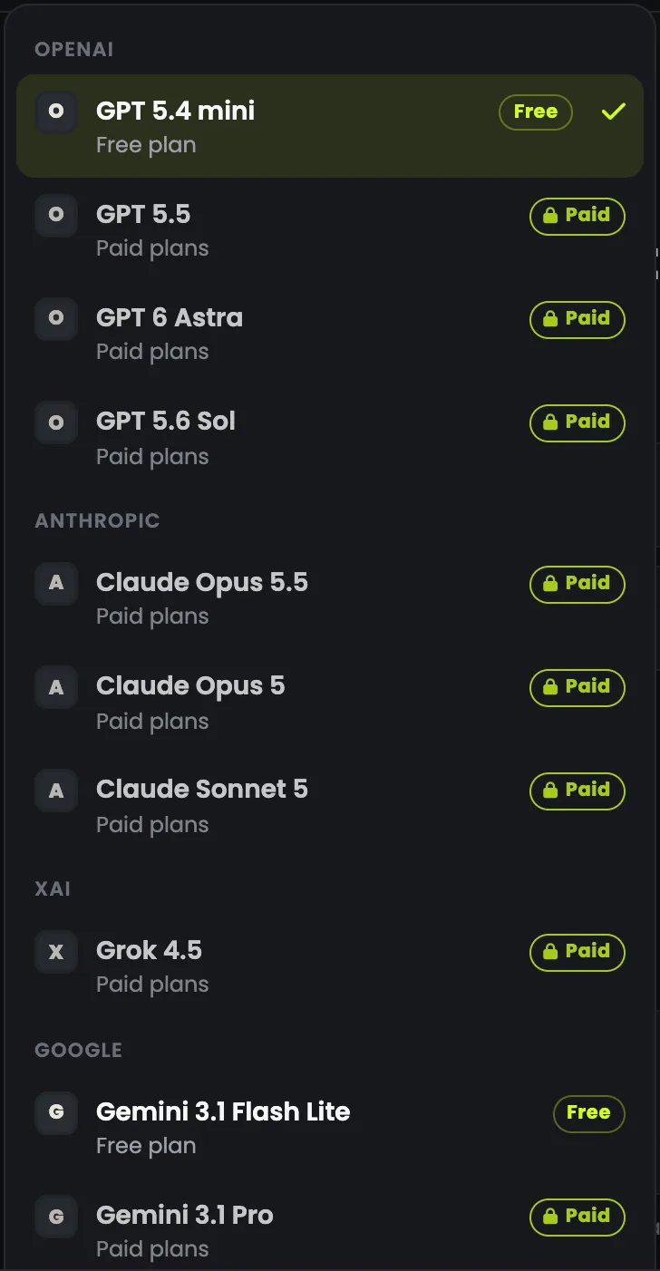 Select model: the chat models grouped by maker, each marked Free or Paid