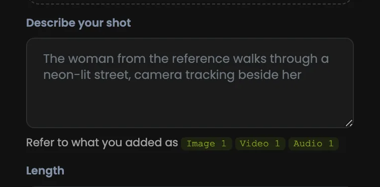 The prompt box, with the names to use for what you added: Image 1, Video 1, Audio 1