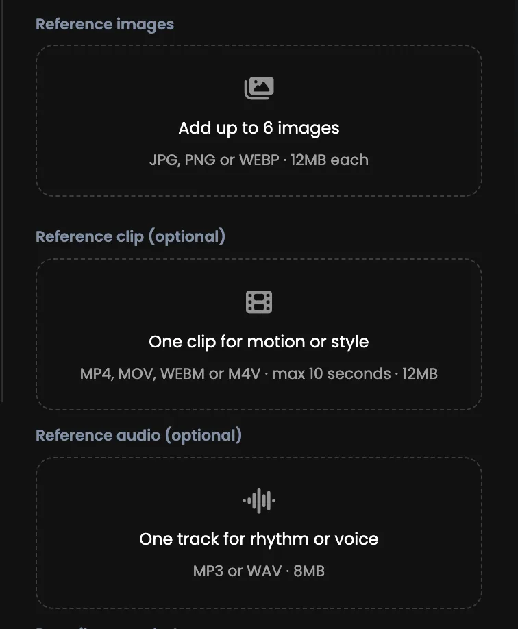 The three drop zones: reference images, a reference clip and reference audio