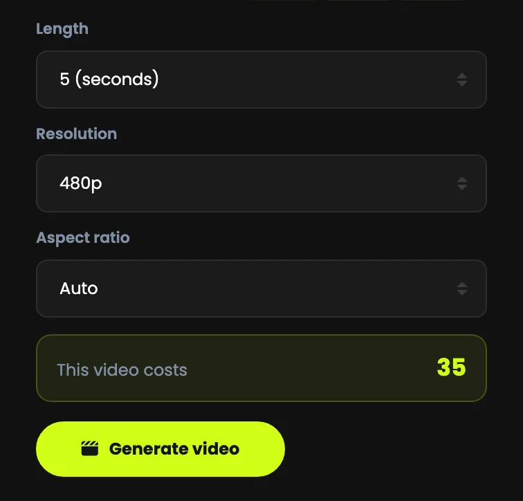 Length, resolution and aspect ratio, with This video costs above the Generate video button