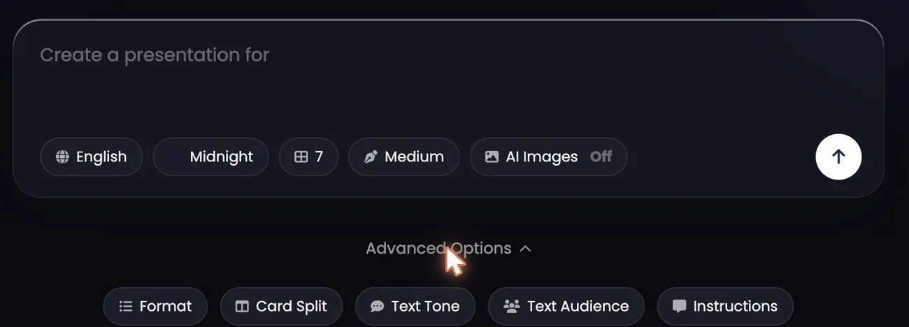 The settings chips and the Advanced Options row