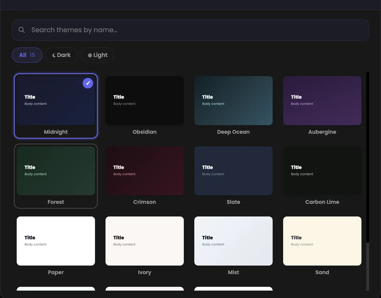 The theme picker: 15 themes with previews and dark and light filters