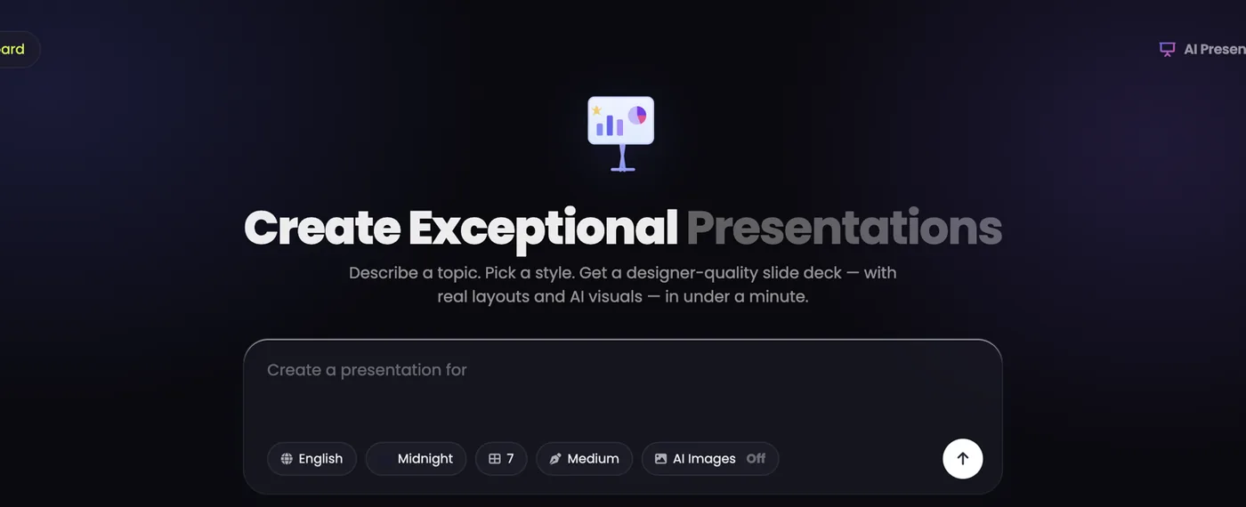 AI Presentation Maker: the topic box with the language, theme, slides, text and AI Images chips