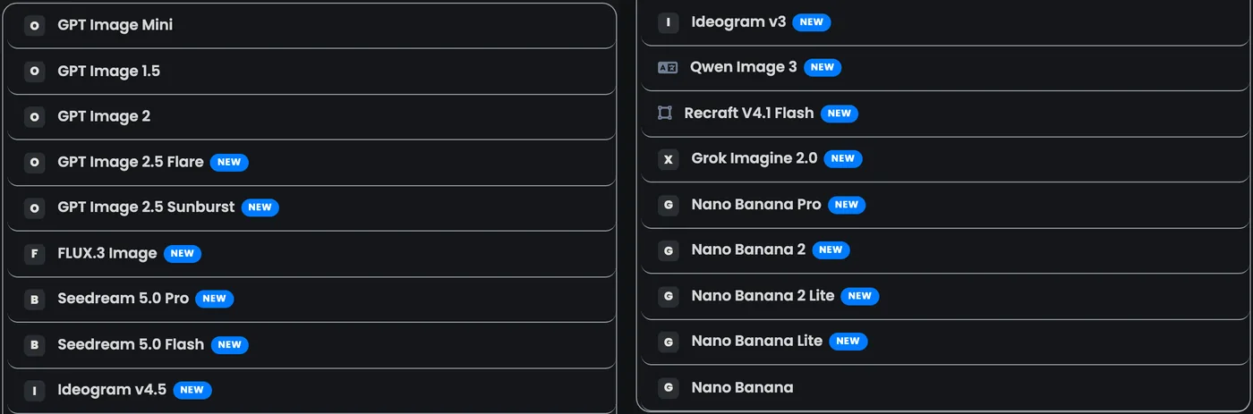 Select AI model: the 18 image models, from GPT Image Mini to Nano Banana