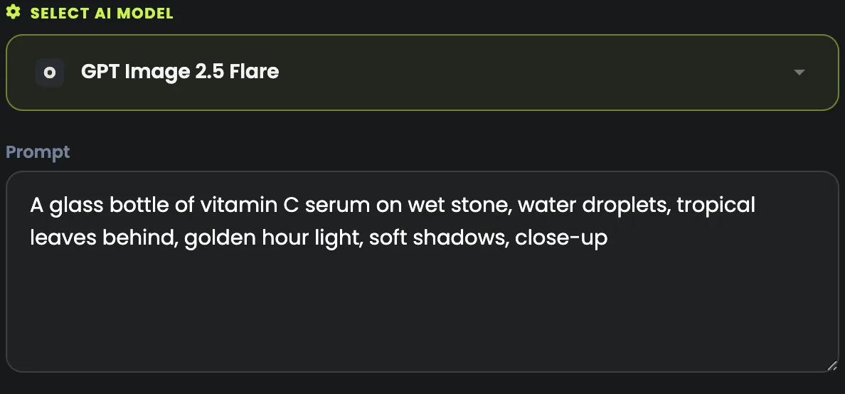 The AI Image Generator: GPT Image 2.5 Flare chosen and a product shot described in the prompt box