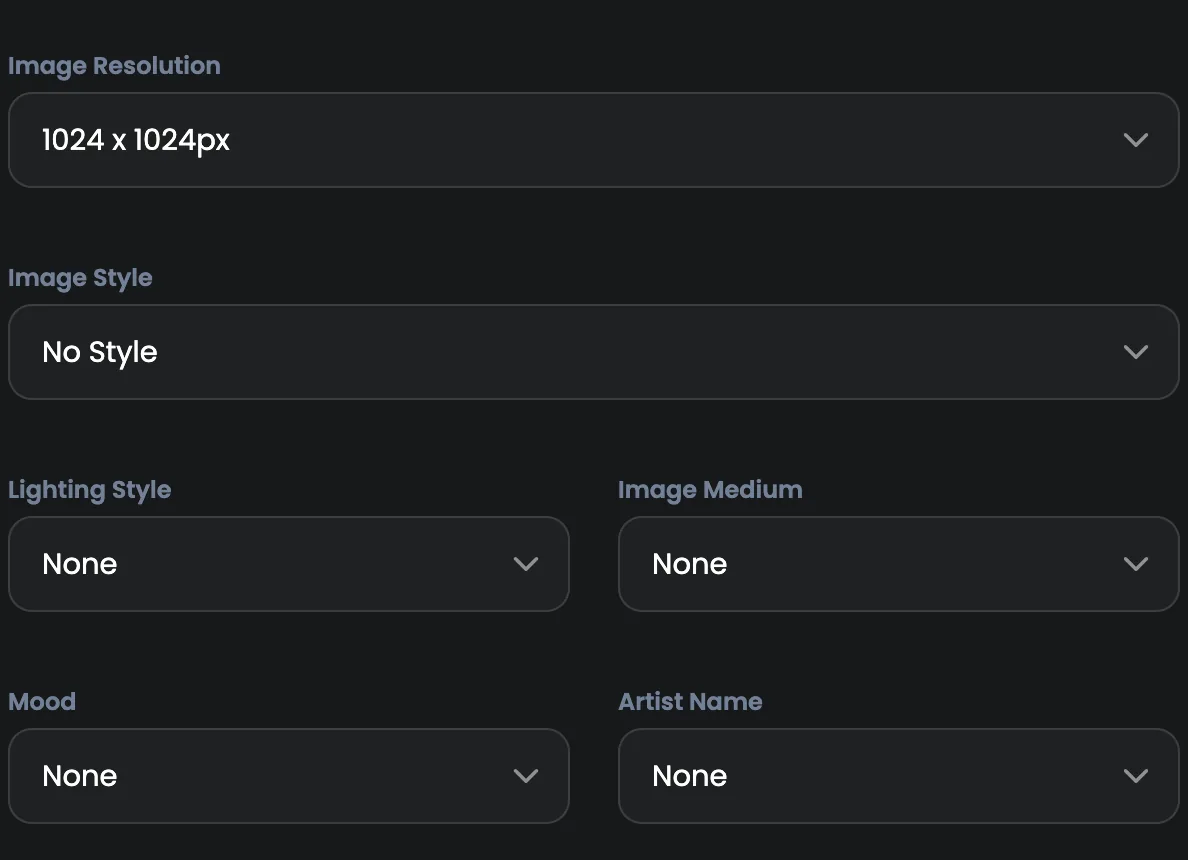 The settings: image resolution, image style, lighting style, image medium, mood and artist name