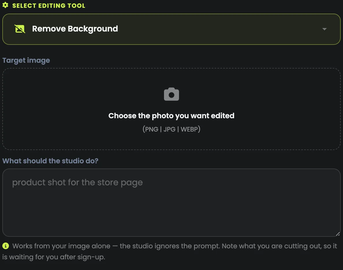 AI Photo Studio with Remove Background chosen: the photo upload, and a note that the studio works from the image alone