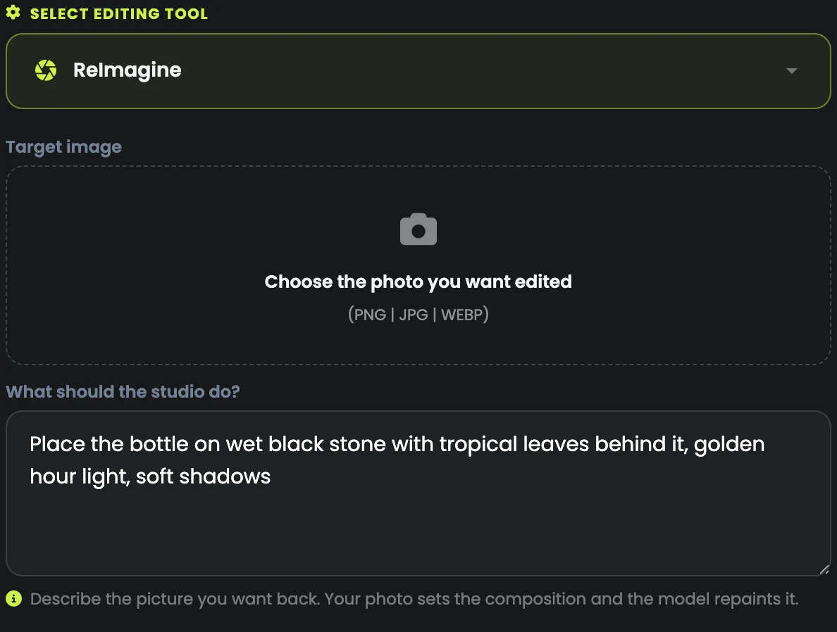 ReImagine chosen, with a new scene described for the product: wet black stone, tropical leaves, golden hour light