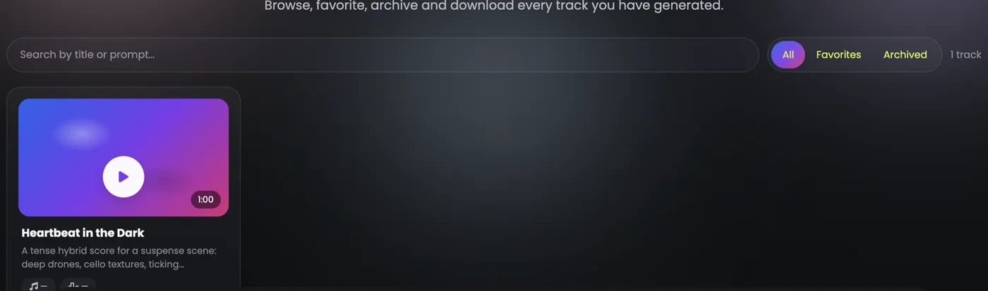 The music library: search, the All, Favorites and Archived filters, and a finished track