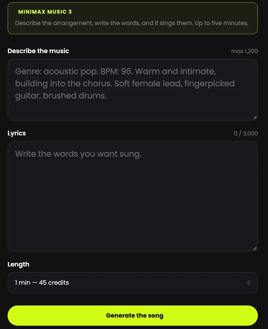 MiniMax Music 3: Describe the music, Lyrics, and the Length with its price