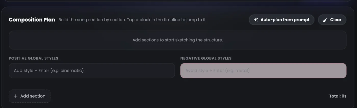Composition Plan: Auto-plan from prompt, global styles, and Add section