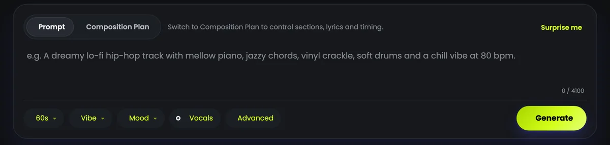 The AI Music Pro studio: the Prompt box, with the length, Vibe, Mood, Vocals and Advanced below it, and Generate