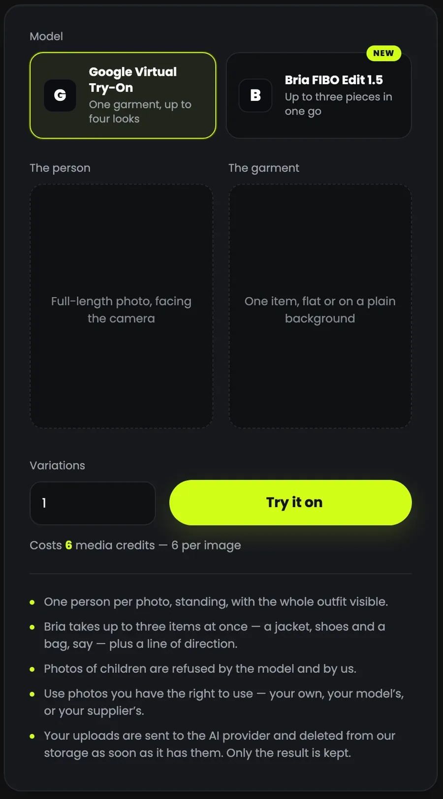 Virtual Try-On: the two models, the person and garment photos, Variations, the cost and Try it on