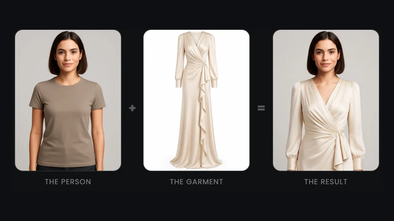 A woman in a grey T-shirt, a cream wrap dress, and the same woman wearing the dress