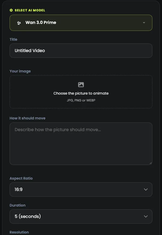 Image to video: the model, the picture to animate and how it should move