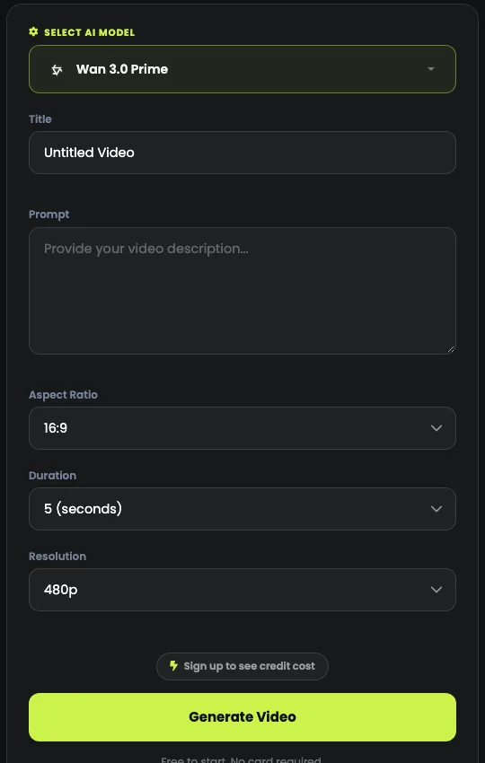 Text to video: the model, the title, the prompt, the aspect ratio, the duration and the resolution