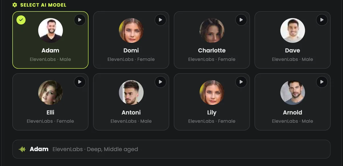 Choosing a voice: eight of the ElevenLabs voices, each with a play button