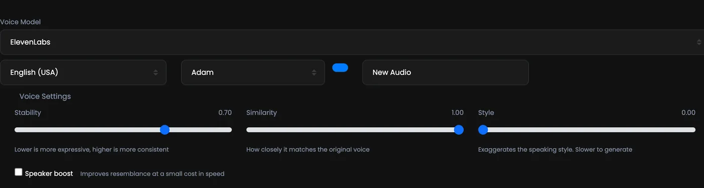 The AI Voiceover Studio: the voice model, the language, the voice and its preview button, the title, and the Voice Settings