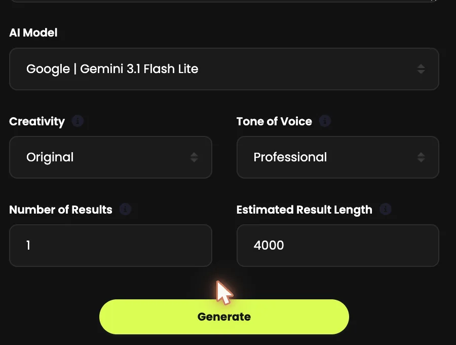 The settings: AI model, creativity, tone of voice, number of results and estimated result length