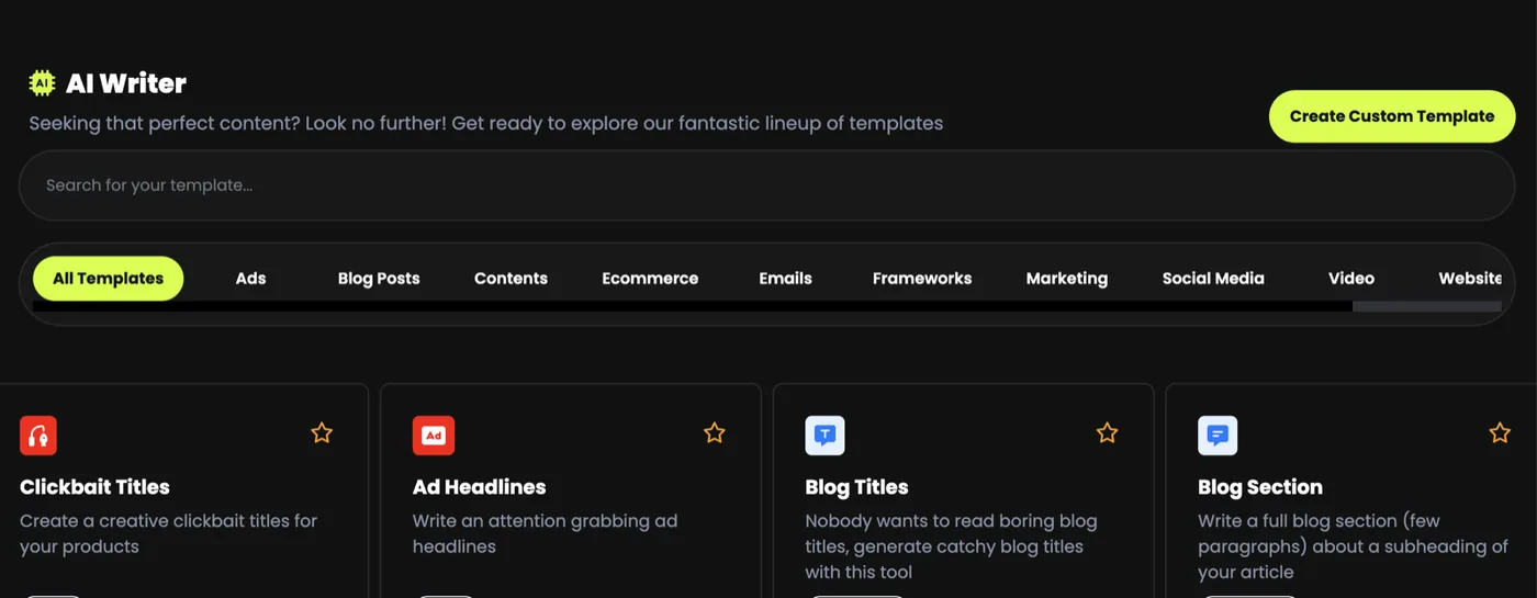 The AI Writer template library: category tabs, a search box and template cards, each with a star