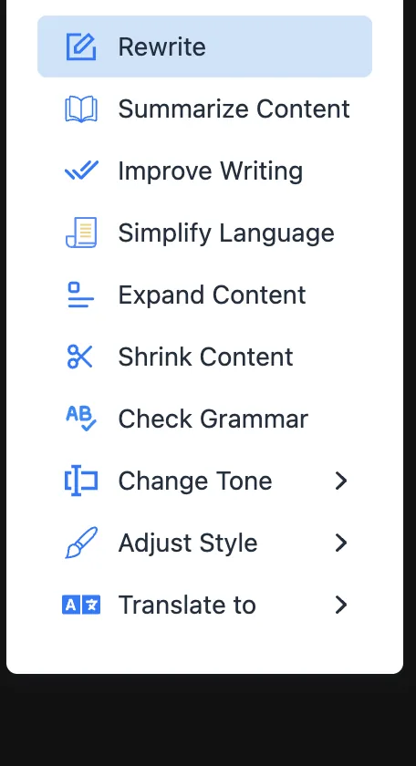 The wand menu: Rewrite, Summarize Content, Improve Writing, Simplify Language, Expand Content, Shrink Content, Check Grammar, Change Tone, Adjust Style and Translate to