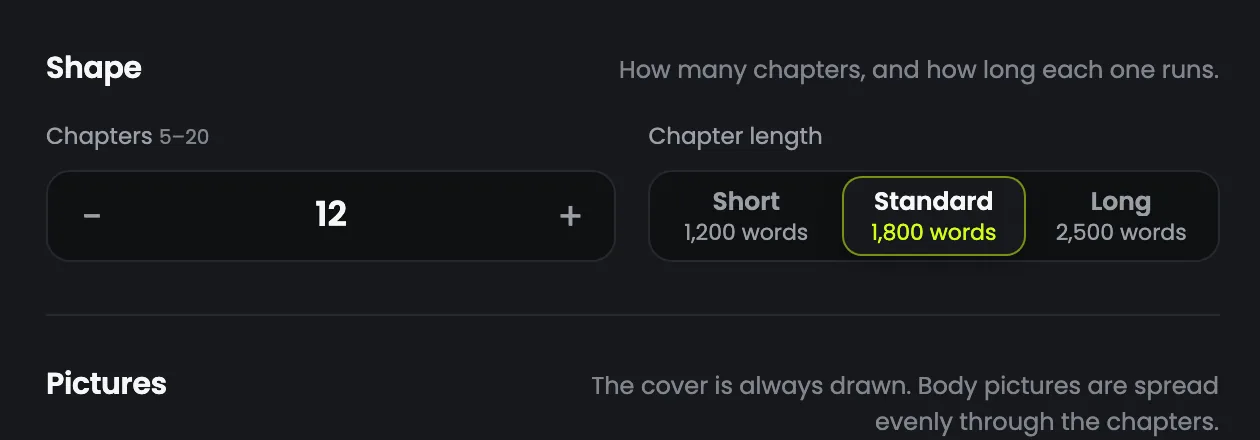 Choosing 5 to 20 chapters and a Short, Standard or Long chapter length