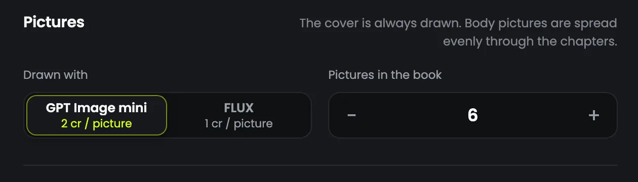 Picking GPT Image mini or FLUX and how many pictures go in the book