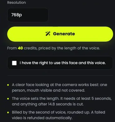Lip-Sync Video: the resolution, Generate, the price by the length of the voice, and the permission box