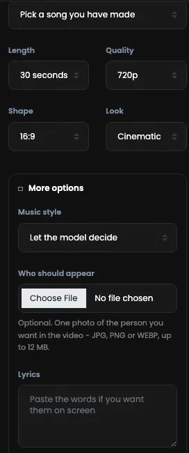 More options: Music style, Who should appear with a photo upload, and Lyrics