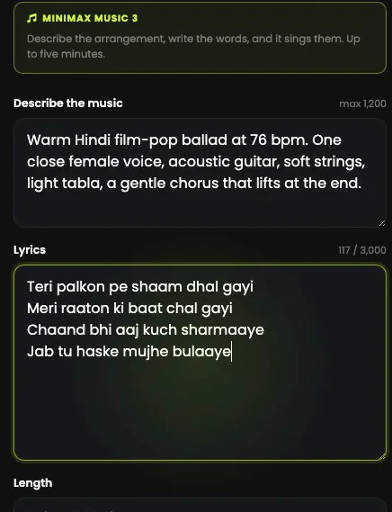 MiniMax Music 3: a Hindi film-pop ballad described, and four lines of lyrics