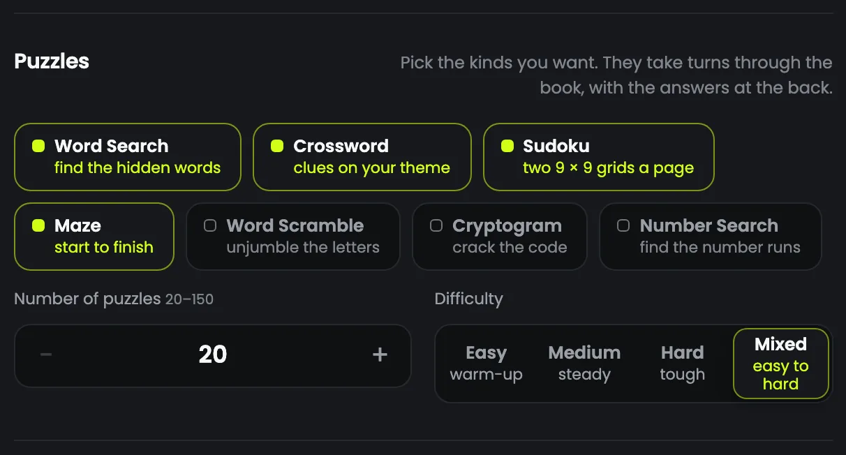 The seven puzzle kinds, the number of puzzles and the difficulty