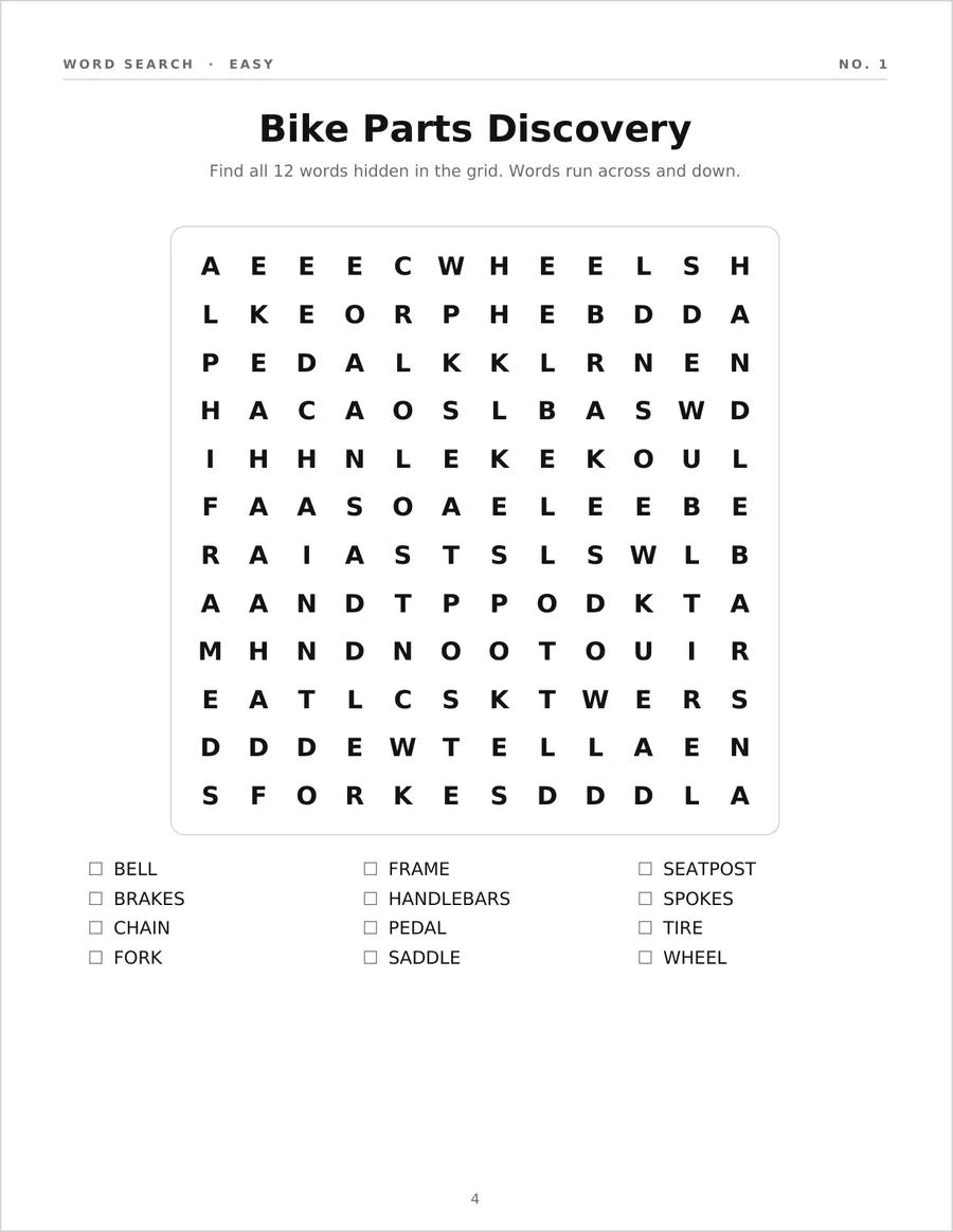 A puzzle page: an easy word search with a 12 by 12 grid and its word list