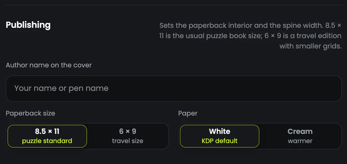 The author name, the paperback size and the paper colour for a puzzle book