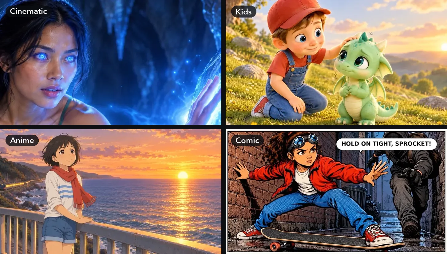 Four films made with Storyboard Video: Cinematic, Kids, Anime and Comic