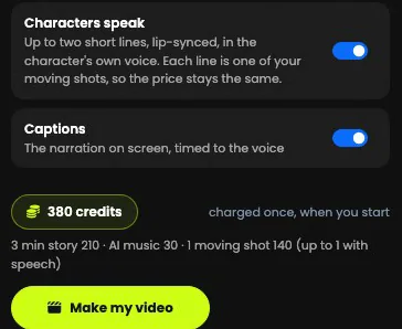 Characters speak and Captions switched on, and the price line above Make my video