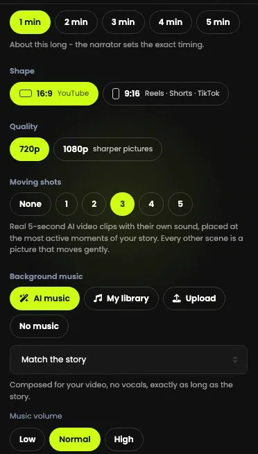 Length, Shape, Quality, Moving shots and Background music, with 3 moving shots chosen