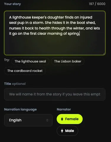 Your story, with a story typed in, three examples to try, the optional title, the narration language and the narrator