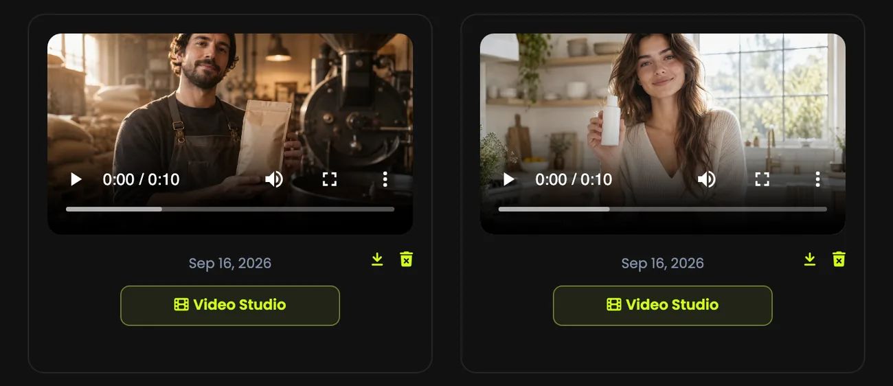 Two finished ads in the library, each with a player, download and Video Studio