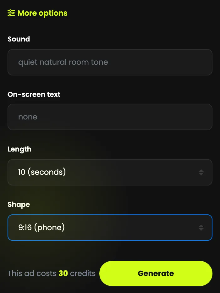 More options: sound, on-screen text, length and shape, with the cost beside Generate