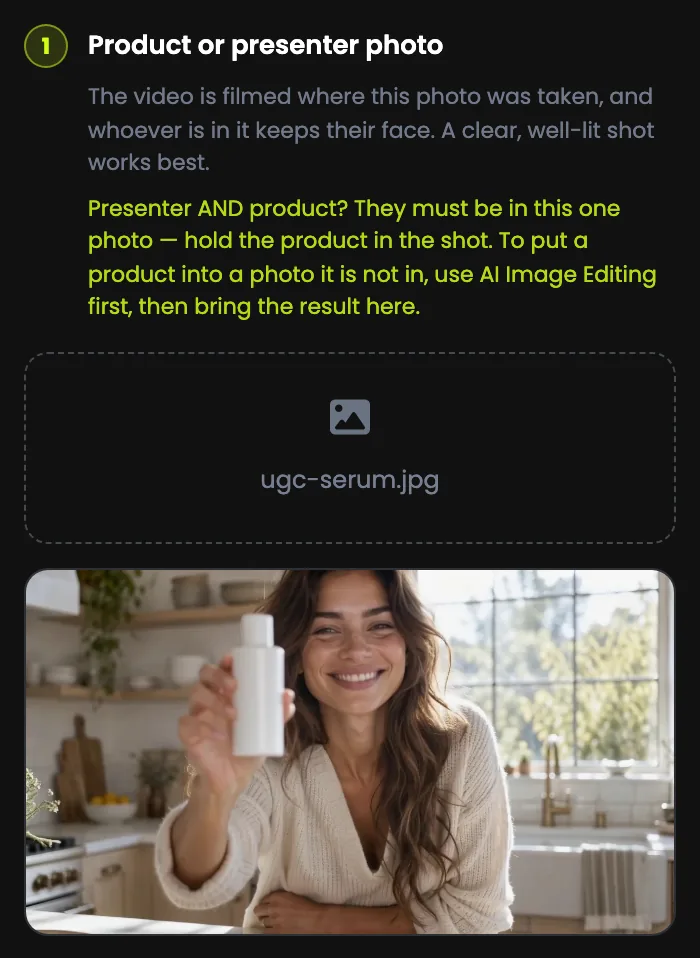 Step 1: the product or presenter photo, a woman holding a skincare bottle in a kitchen